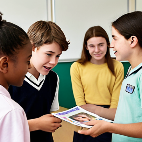 A diverse group of teenagers participating in an empathy workshop at school, facilitated by a caring teacher. The classroom is bright and inviting, with posters promoting kindness and understanding. The teens are engaged in an activity where they are sharing personal stories and actively listening to one another. Focus on the genuine expressions of compassion and connection between the students.
