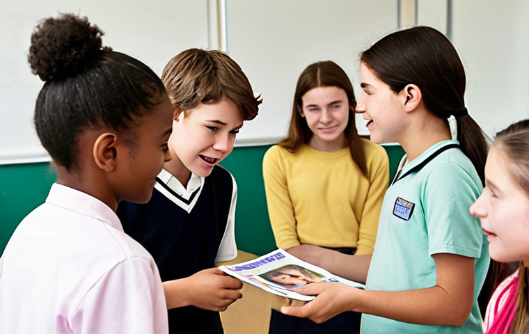 A diverse group of teenagers participating in an empathy workshop at school, facilitated by a caring teacher. The classroom is bright and inviting, with posters promoting kindness and understanding. The teens are engaged in an activity where they are sharing personal stories and actively listening to one another. Focus on the genuine expressions of compassion and connection between the students.