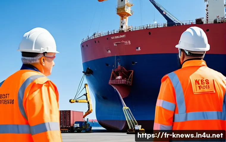 세월호 참사 - A detailed scene showing a modern European port with strict maritime safety inspections underway: in...