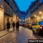 Home 19 신정동 연쇄살인 사건 - A bustling Parisian urban neighborhood at dusk, featuring narrow cobblestone streets and dimly lit a...