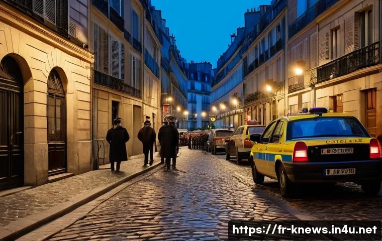 신정동 연쇄살인 사건 - A bustling Parisian urban neighborhood at dusk, featuring narrow cobblestone streets and dimly lit a...