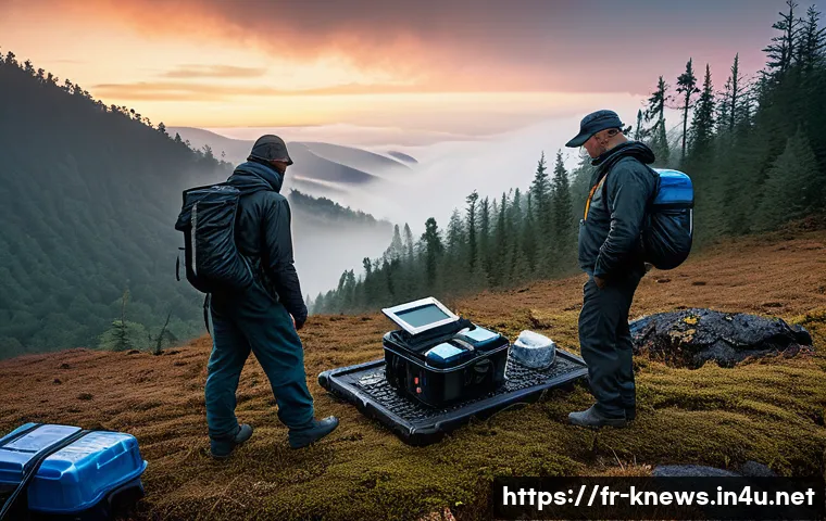 계곡 살인 사건 - A rugged remote mountain valley crime scene at dawn, with investigators in weatherproof outdoor clot...