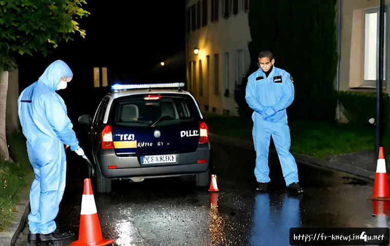 Home 17 이춘재 연쇄살인 사건 - Photorealistic French true-crime investigation scene, a quiet suburban street in Lyon at blue hour, ...